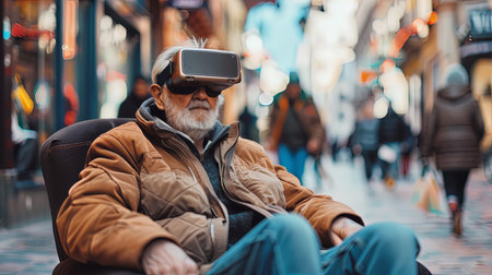 Elderly man wearing VR headset sitting on couch with people on the street on sidewalk walking by.の素材