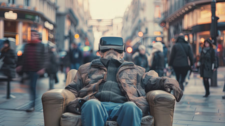 Busy street with people walking near old man sitting on sofa wearing VR goggle headset,の素材