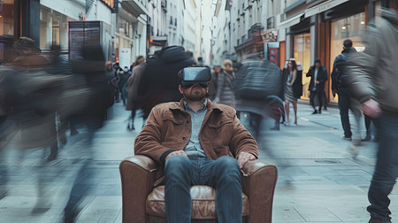 Young man wearing VR goggle headset on the busy street with many people walking by sitting on a couch.の素材