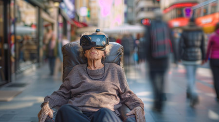 Elderly retired woman sitting on sofa weraring VR headset goggles with people walking on the street.の素材