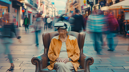 Elderly woman granny wearing VR headset sitting on couch on the street with long exposure people walking by.の素材