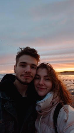 Teenagers couple vertical portrait standing on a beach at sunset.の素材