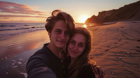 Teenage couple man and woman taking selfie on the beach at sunset on vacation.の素材