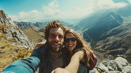 Portarit of young couple on a mountain taking selfie together.の素材