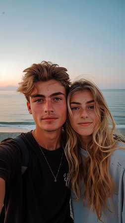 Teenagers couple vertical portrait standing on a beach at sunset.の素材