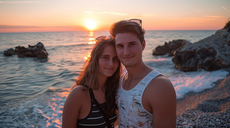 Boy and girl standing on a beach at sunset taking selfie on vacation.の素材