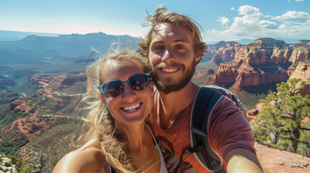 Selfie on the mountain peak of young happy couple man and woman trekking.の素材