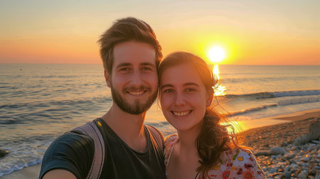 Boy and girl standing on a beach at sunset taking selfie on vacation.の素材