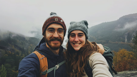 Man and woman couple taking selfie on mountain together smiling.の素材