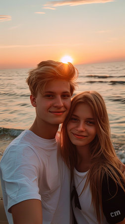 Boy and girl couple taking selfie on a beach standing at sunset.の素材