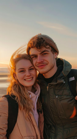 Vertical portrait of teenage man and woman on a beach standing at sunset.の素材