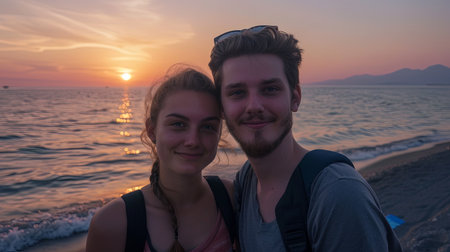Portrait of young teen couple man and woman on a beach at sunset.の素材