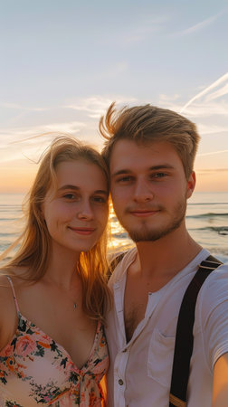 Vertical portrait of teenage man and woman on a beach standing at sunset.の素材