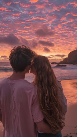 Vertical portrait of teenage man and woman on a beach standing at sunset.の素材
