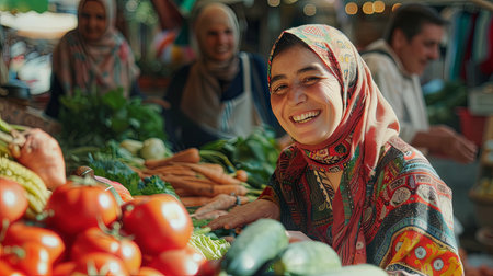 Portrait of young woman an local vegetable bazaar market  on the stree buying traditional products.の素材