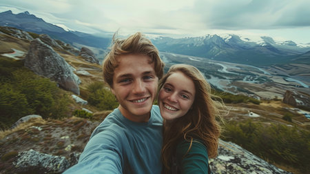 Man and woman on a mountain taking bright selfie while trekking.の素材