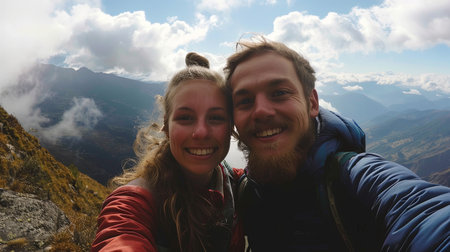 Selfie on the mountain peak of young happy couple man and woman trekking.の素材