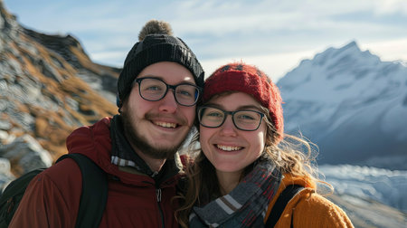 Man and woman on a mountain taking bright selfie while trekking.の素材