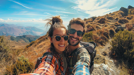 Cute happy young couple taking selfie on mountain at sunset.の素材