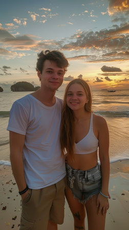 Boy and girl couple taking selfie on a beach standing at sunset.の素材