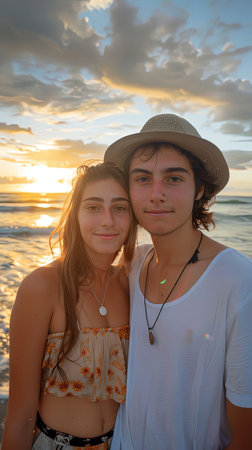 Vertical portrait of boy and girl couple standing on a beach at sunset.の素材