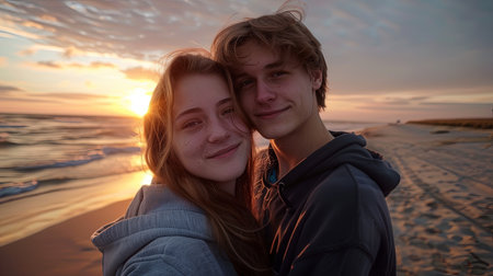 Portrait of young boy and girl together standing on a beach at sunset.の素材