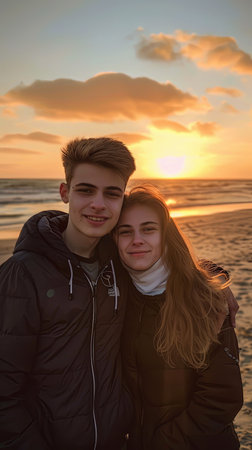 Vertical portrait of boy and girl couple standing on a beach at sunset.の素材