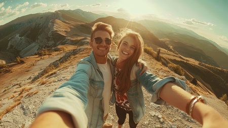 Portarit of young couple on a mountain taking selfie together.の素材