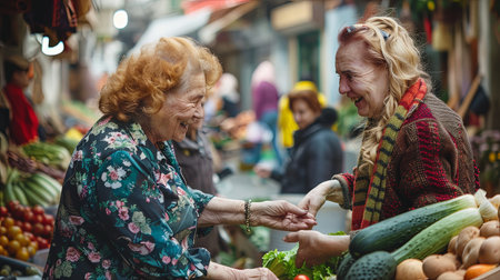 Closeup portrait of two happy old women selling and buying fresh vegetables in local bazaar food market.の素材