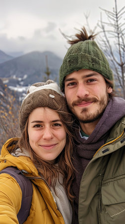Couple standing on a mountain taking vertical selfie portrait smiling.の素材