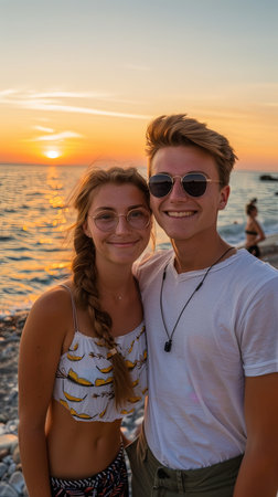 Boy and girl couple taking selfie on a beach standing at sunset.の素材