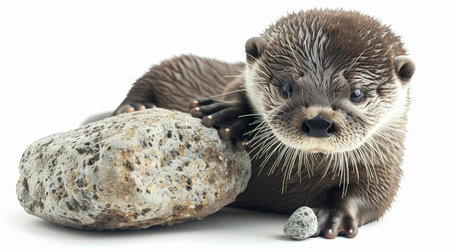 Closeup portrait of baby otter isolated on white playing with pebble.の素材