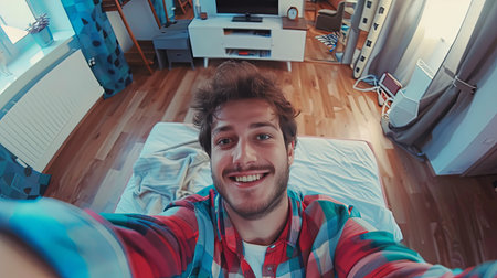 Photogenic young man taking selfie and smiling in room at home on a sunny day.の素材