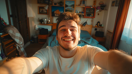 Closeup selfie portrait of young man in room at home smiling.の素材