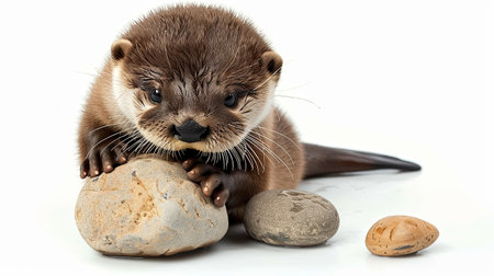 Cute otter playing with rock isolated on white with copy space.の素材