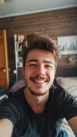 Vertical portrait of guy Vt home alone taking selfie in room smiling at the camera.の素材
