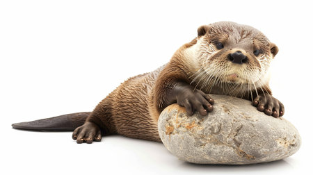 Otter playing with rock isolated on white studio shot with copy space.の素材