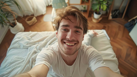 Portrait of young smiling man alone in room at home taking selfie.の素材