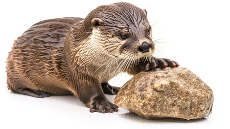 Otter playing with rock isolated on white studio shot with copy space.の素材