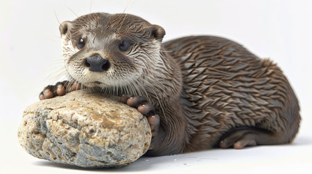 Closeup portrait of baby otter isolated on white playing with pebble.の素材