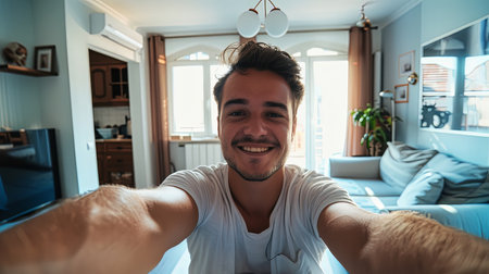 Cool teenager in room at home taking selfie smiling.の素材
