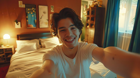 Photogenic young man taking selfie and smiling in room at home on a sunny day.の素材