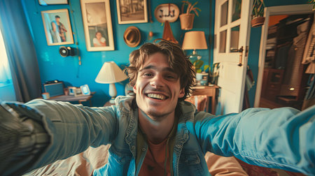 Cheerfull young man taking selfie smiling at home in room.の素材