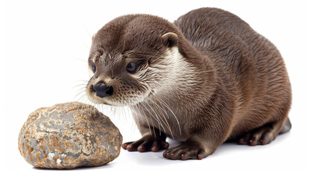 Closeup portrait of baby otter isolated on white playing with pebble.の素材