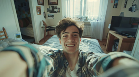 Closeup selfie portrait of young man in room at home smiling.の素材