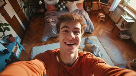 Closeup selfie portrait of young man in room at home smiling.の素材