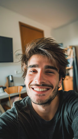 Vertical portrait of attractive young man at home in room taking selfie smiling.の素材