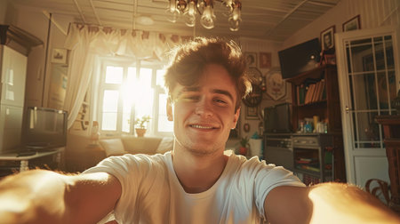 Young man teenager taking selfie in room at home smiling.の素材