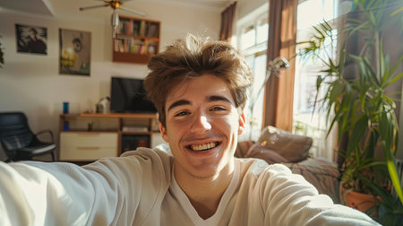 Cheerfull young man taking selfie smiling at home in room.の素材