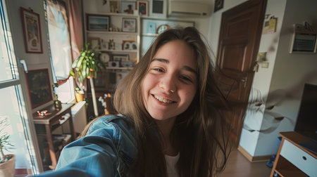 Closeup portrait of young woman in room at home taking selfie smiling.の素材
